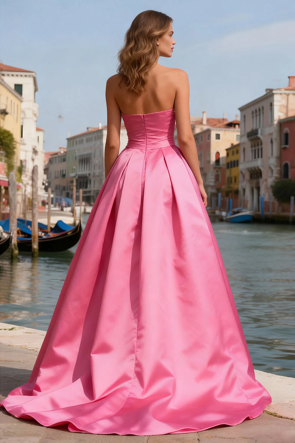 Robe de bal de bal rose vif rose vif sans bustier avec des perles - Image 2