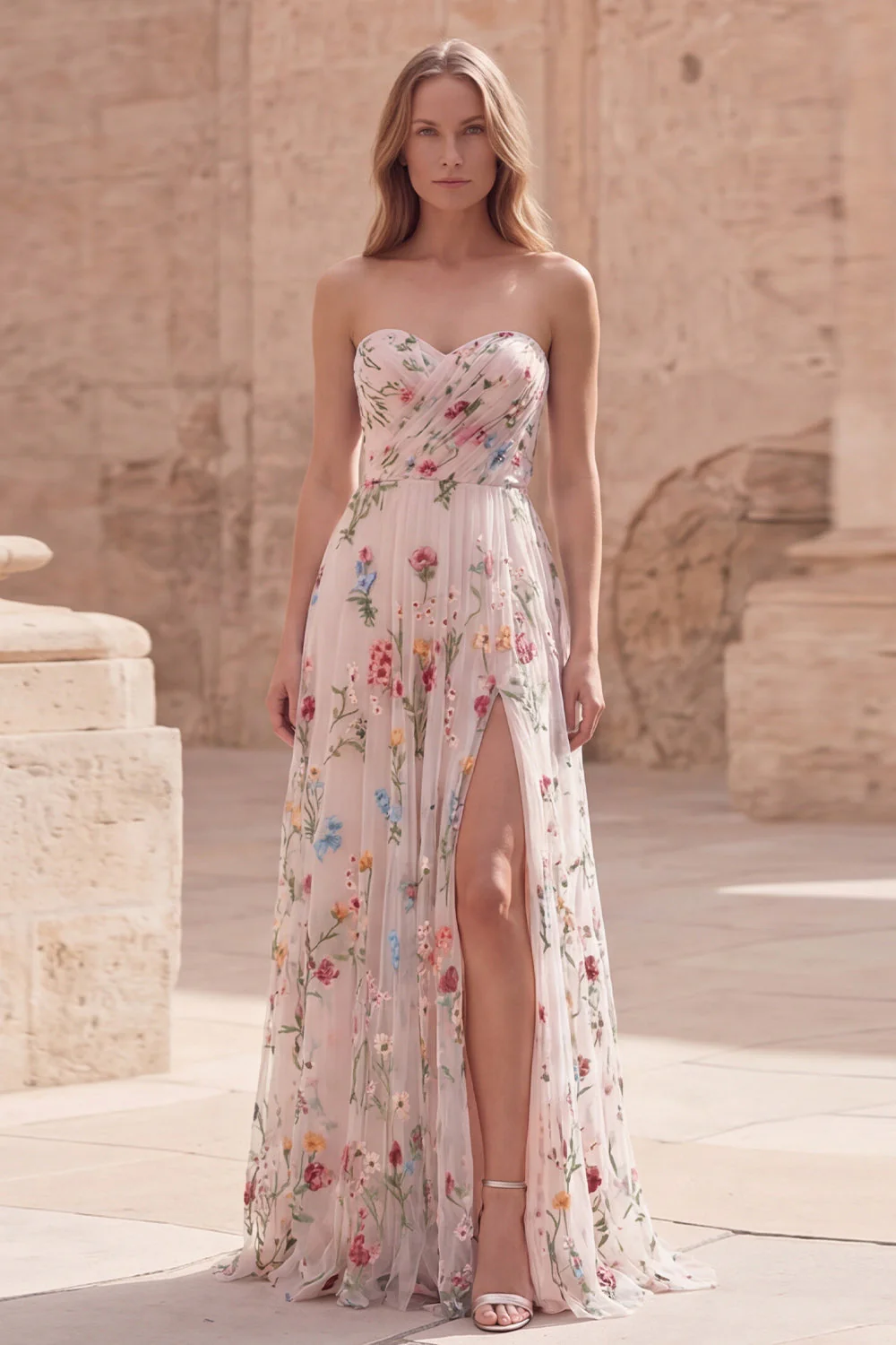 Robe de bal de bal sans bretelles en ivoire à fleurs, longue ligne A, avec fente