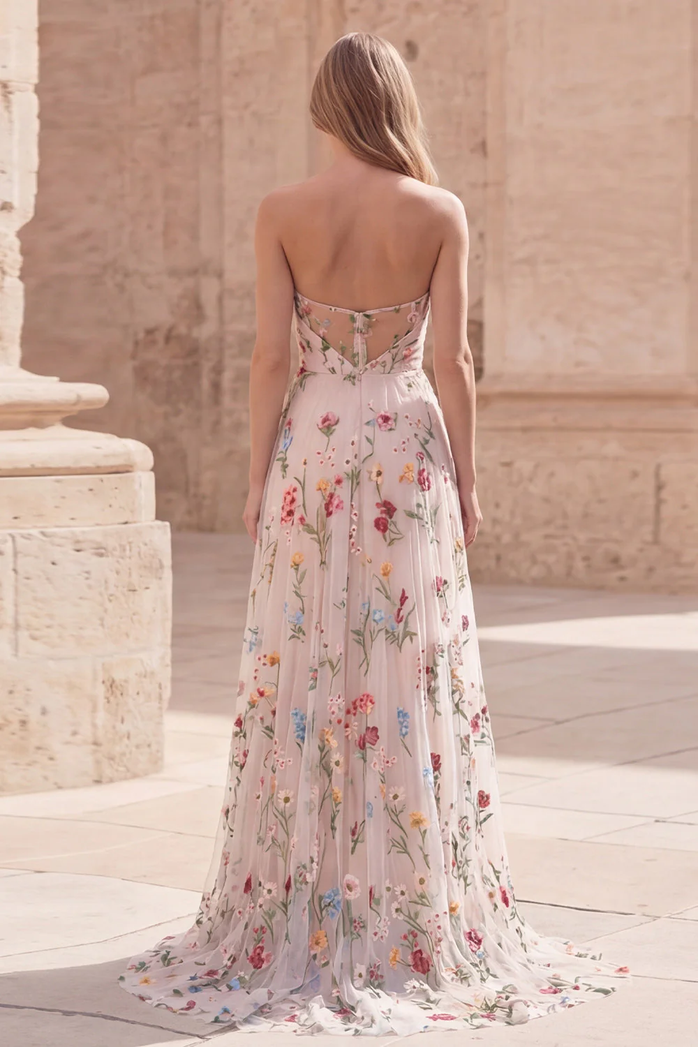 Robe de bal de bal sans bretelles en ivoire à fleurs, longue ligne A, avec fente - Image 2