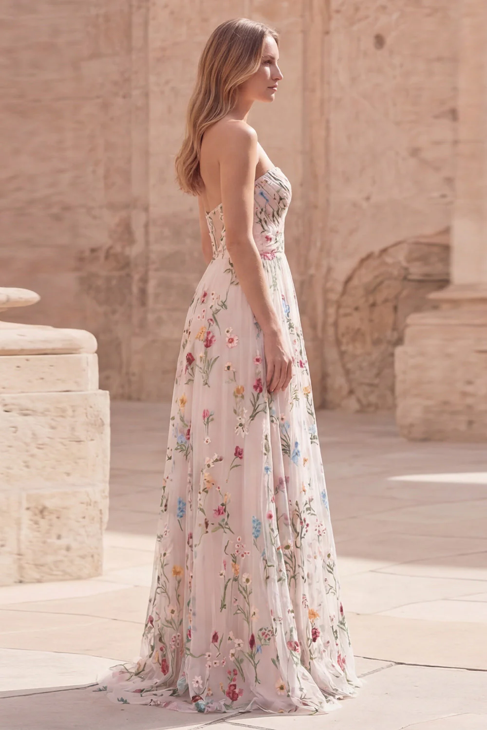 Robe de bal de bal sans bretelles en ivoire à fleurs, longue ligne A, avec fente - Image 3