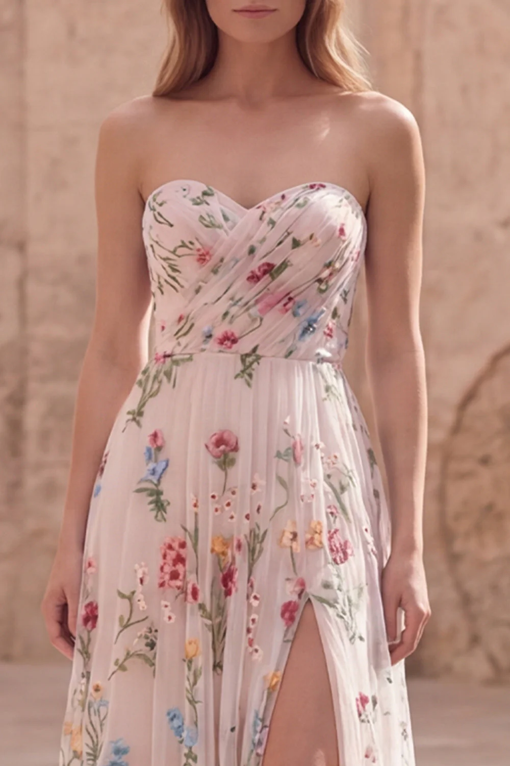 Robe de bal de bal sans bretelles en ivoire à fleurs, longue ligne A, avec fente - Image 4