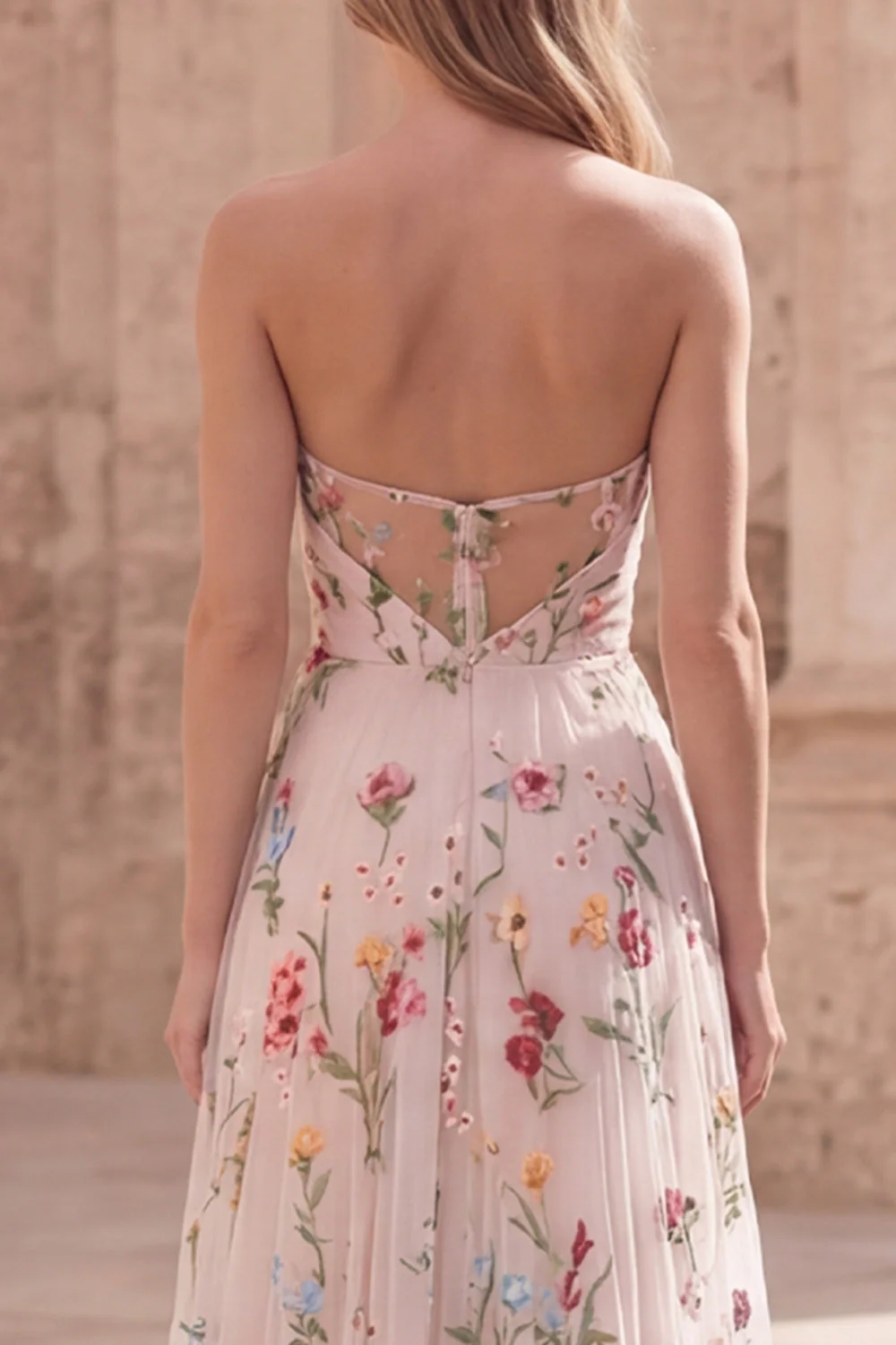 Robe de bal de bal sans bretelles en ivoire à fleurs, longue ligne A, avec fente - Image 5