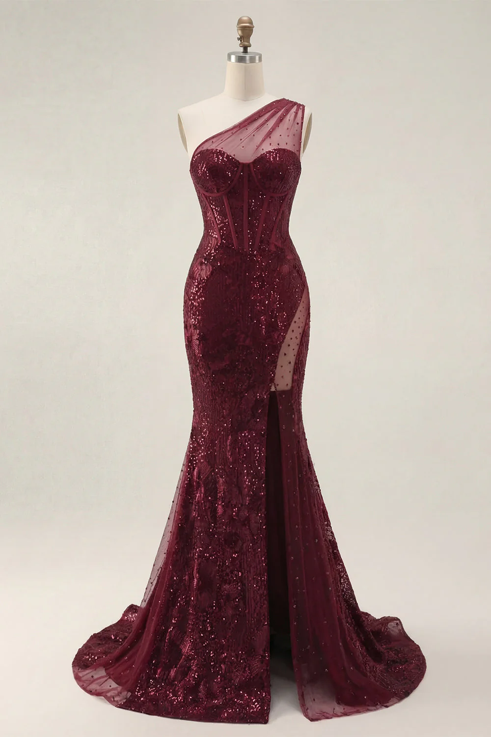 Robe de bal de bal scintillante en paillettes bourgogne avec une épaule et une longue robe de bal