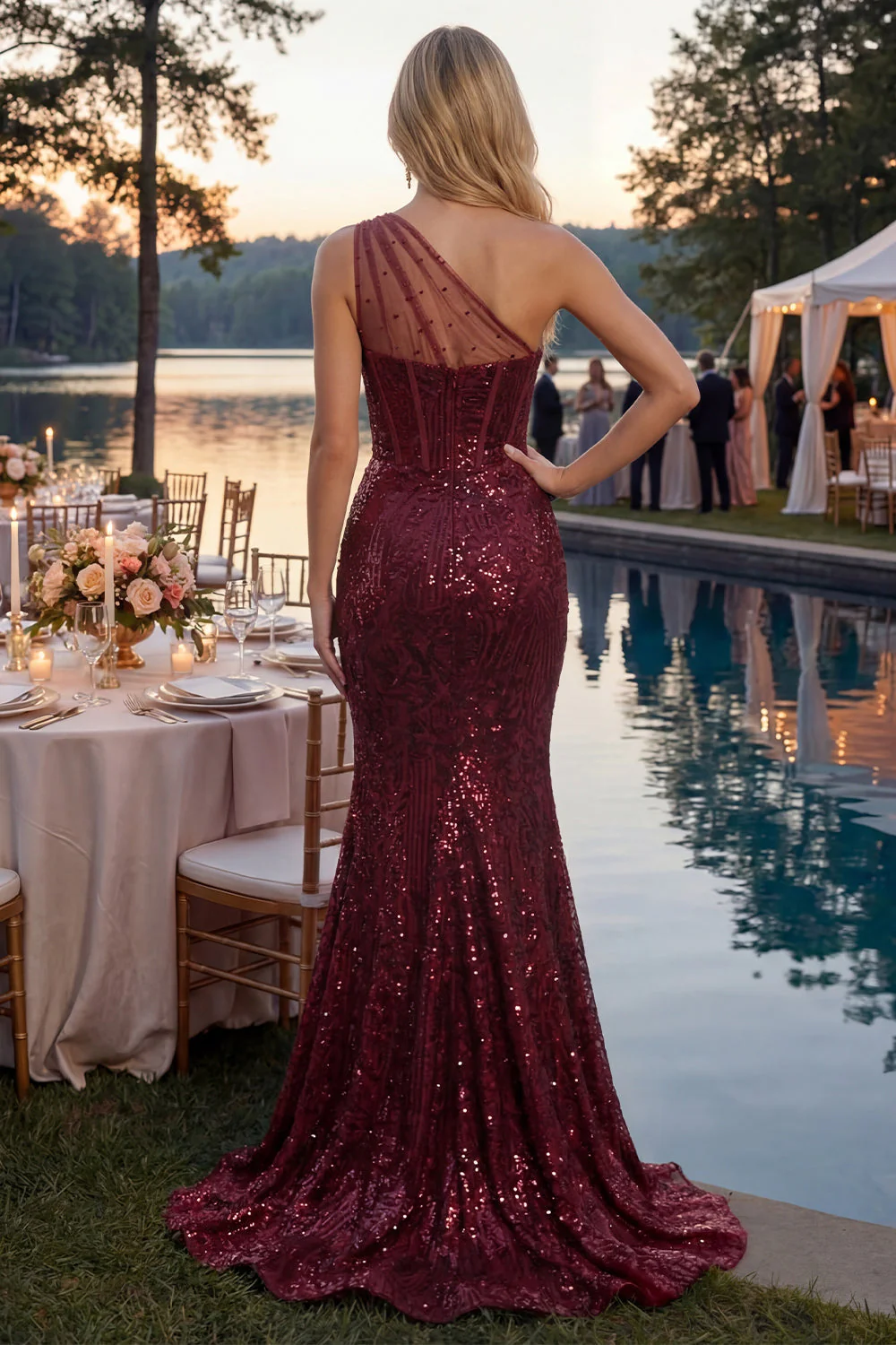 Robe de bal de bal scintillante en paillettes bourgogne avec une épaule et une longue robe de bal - Image 3