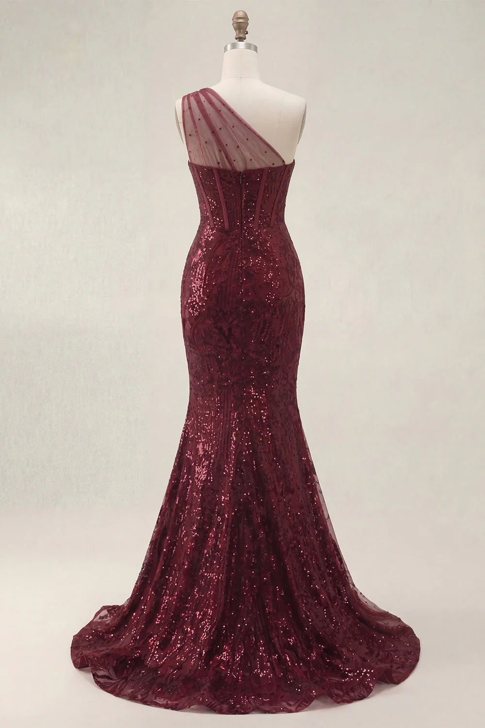 Robe de bal de bal scintillante en paillettes bourgogne avec une épaule et une longue robe de bal - Image 4