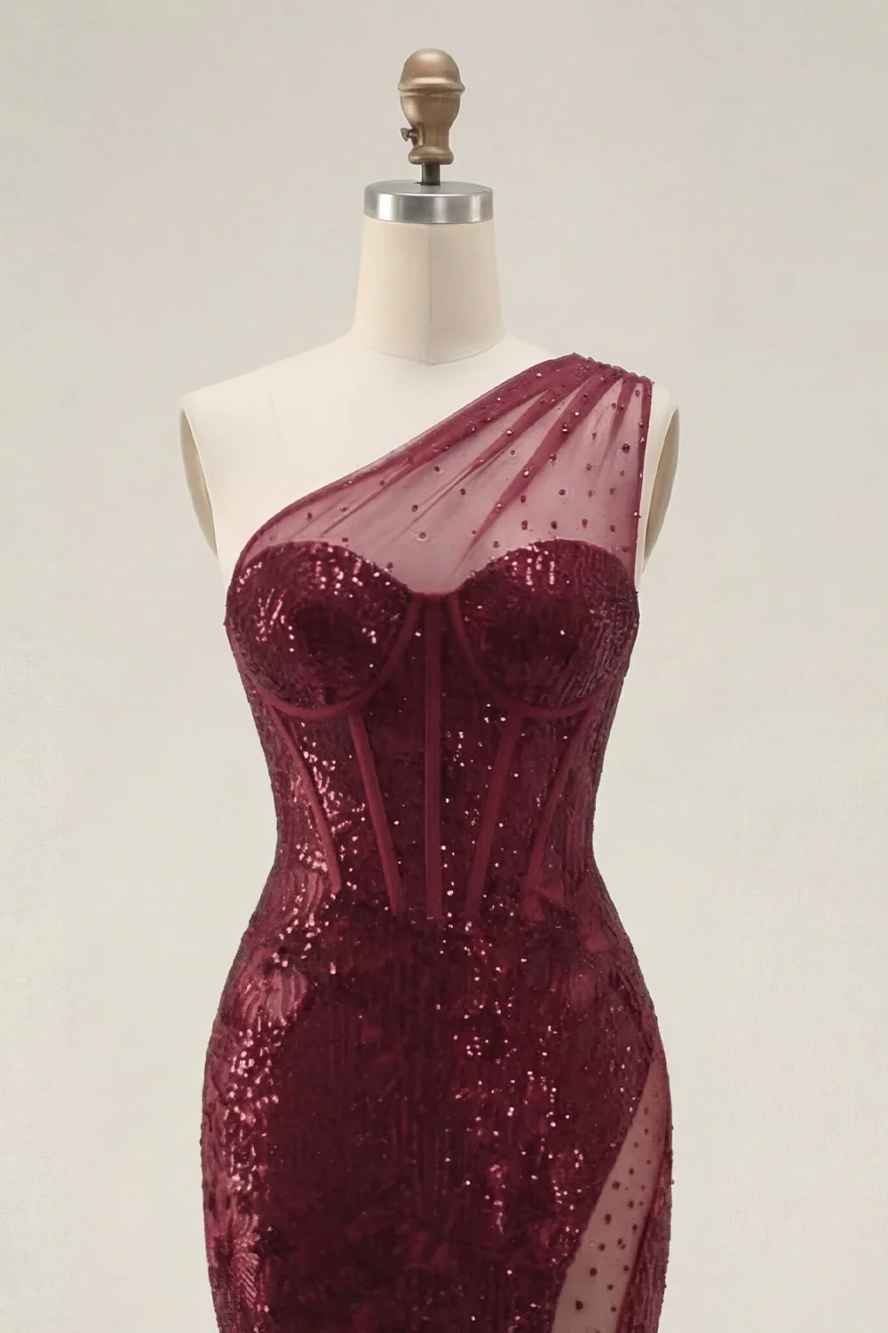 Robe de bal de bal scintillante en paillettes bourgogne avec une épaule et une longue robe de bal - Image 5