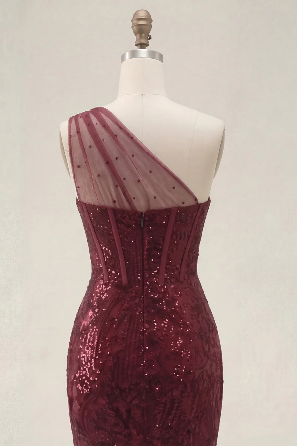 Robe de bal de bal scintillante en paillettes bourgogne avec une épaule et une longue robe de bal - Image 6