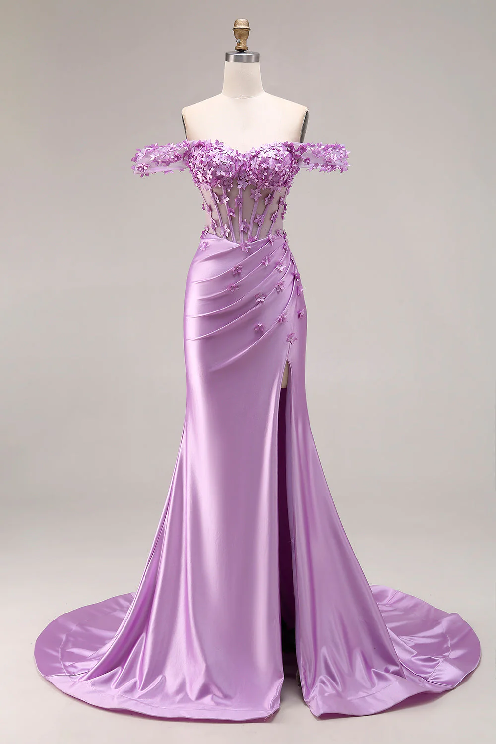 Robe de bal de bal sirène violette dénudée sur les épaules, corset appliqué et fête