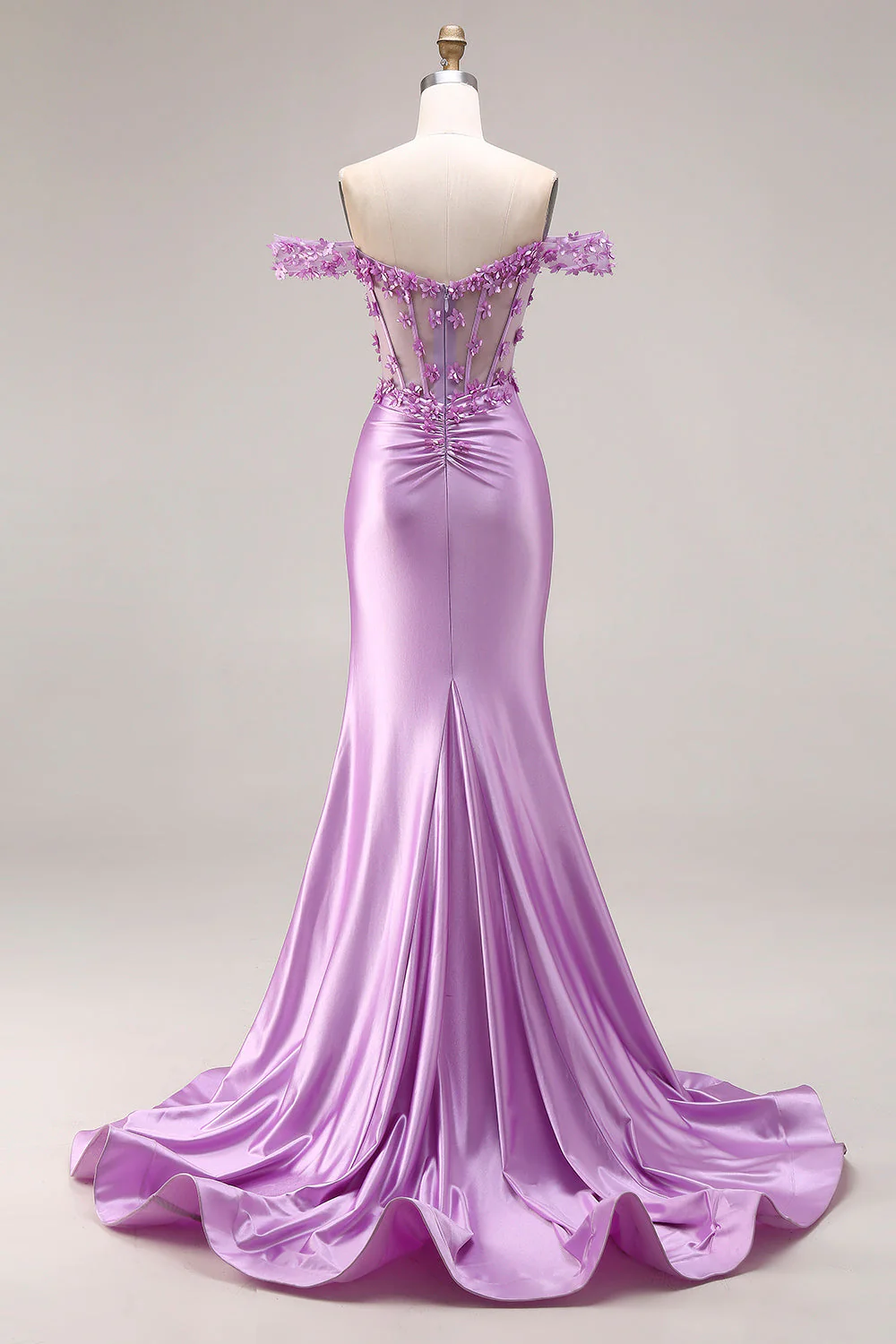 Robe de bal de bal sirène violette dénudée sur les épaules, corset appliqué et fête - Image 2