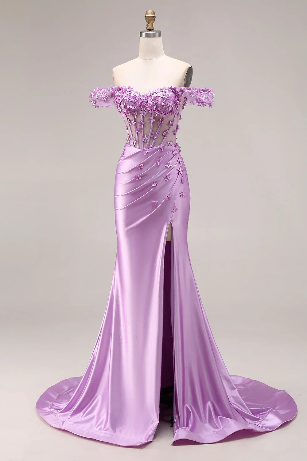 Robe de bal de bal sirène violette dénudée sur les épaules, corset appliqué et fête - Image 3