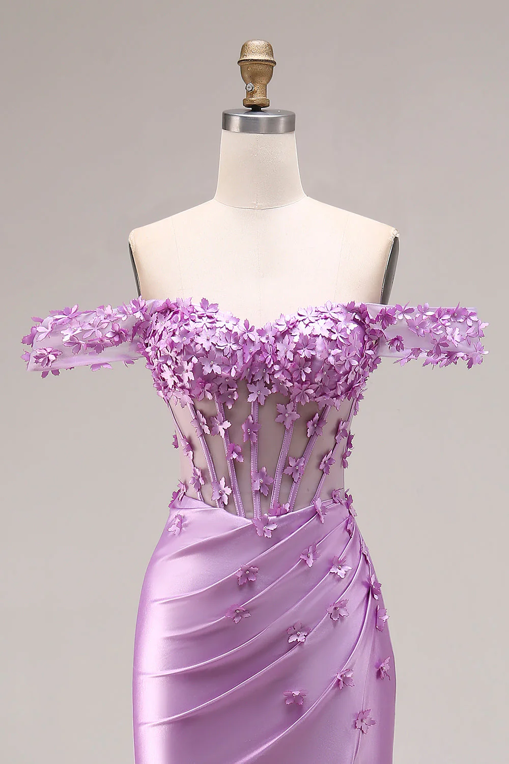 Robe de bal de bal sirène violette dénudée sur les épaules, corset appliqué et fête - Image 4