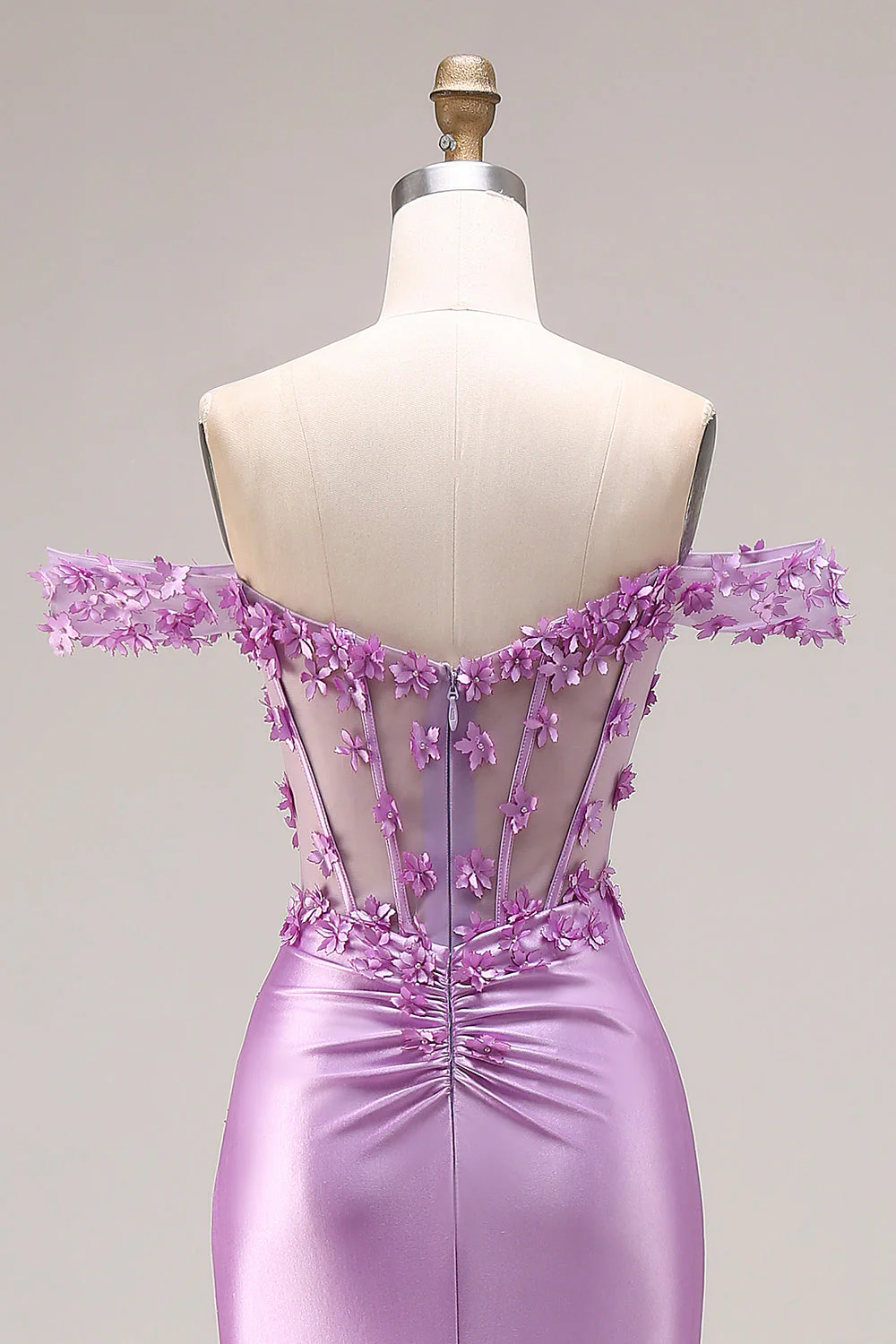 Robe de bal de bal sirène violette dénudée sur les épaules, corset appliqué et fête - Image 5