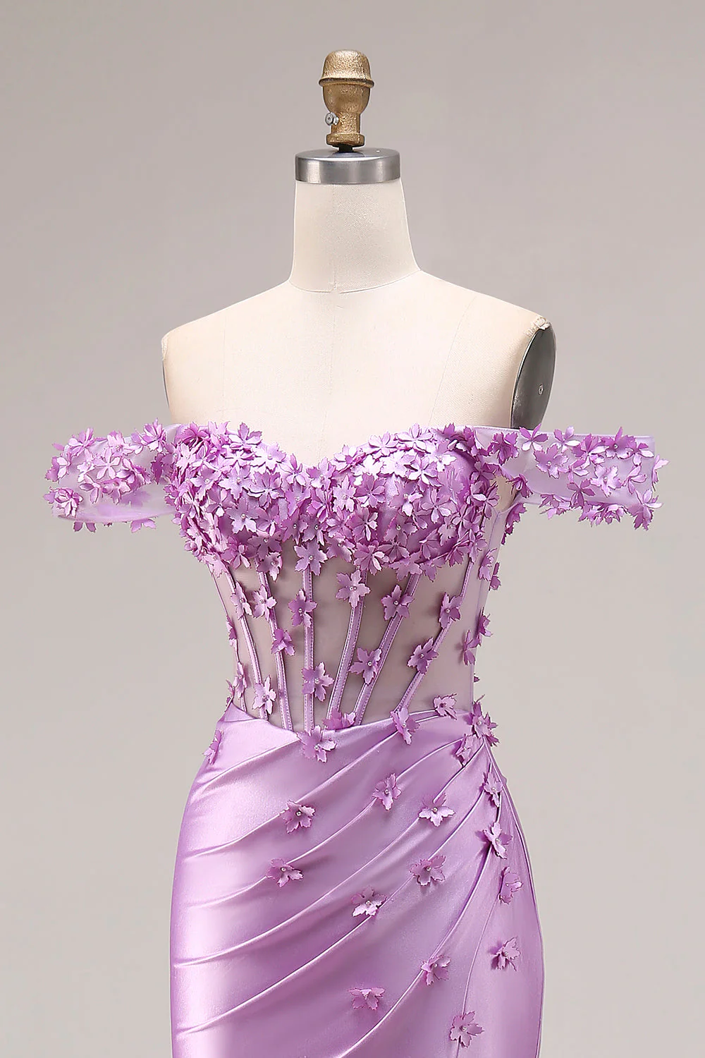 Robe de bal de bal sirène violette dénudée sur les épaules, corset appliqué et fête - Image 6