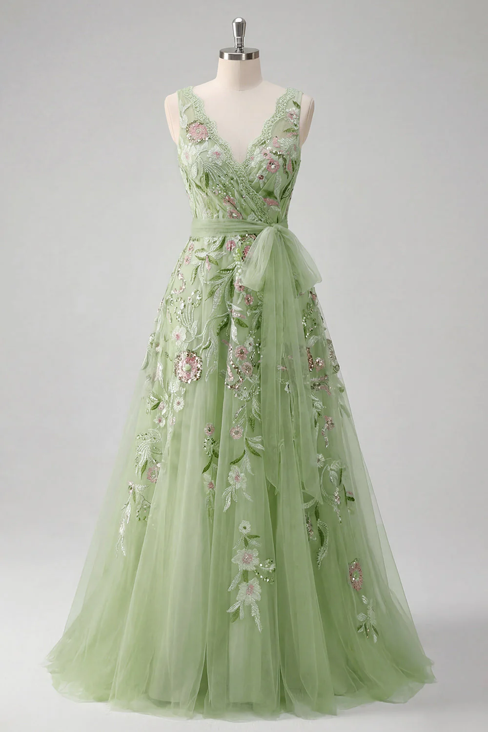 Robe de bal de bal verte fleurale à col en V avec application de la ligne A