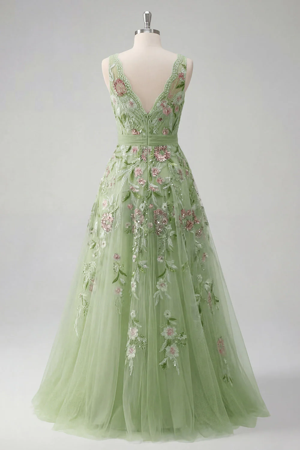 Robe de bal de bal verte fleurale à col en V avec application de la ligne A - Image 2