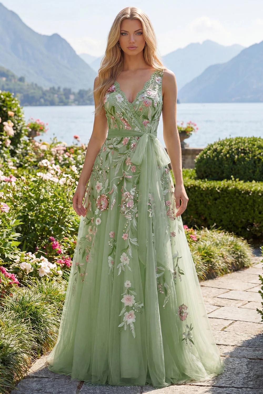 Robe de bal de bal verte fleurale à col en V avec application de la ligne A - Image 3