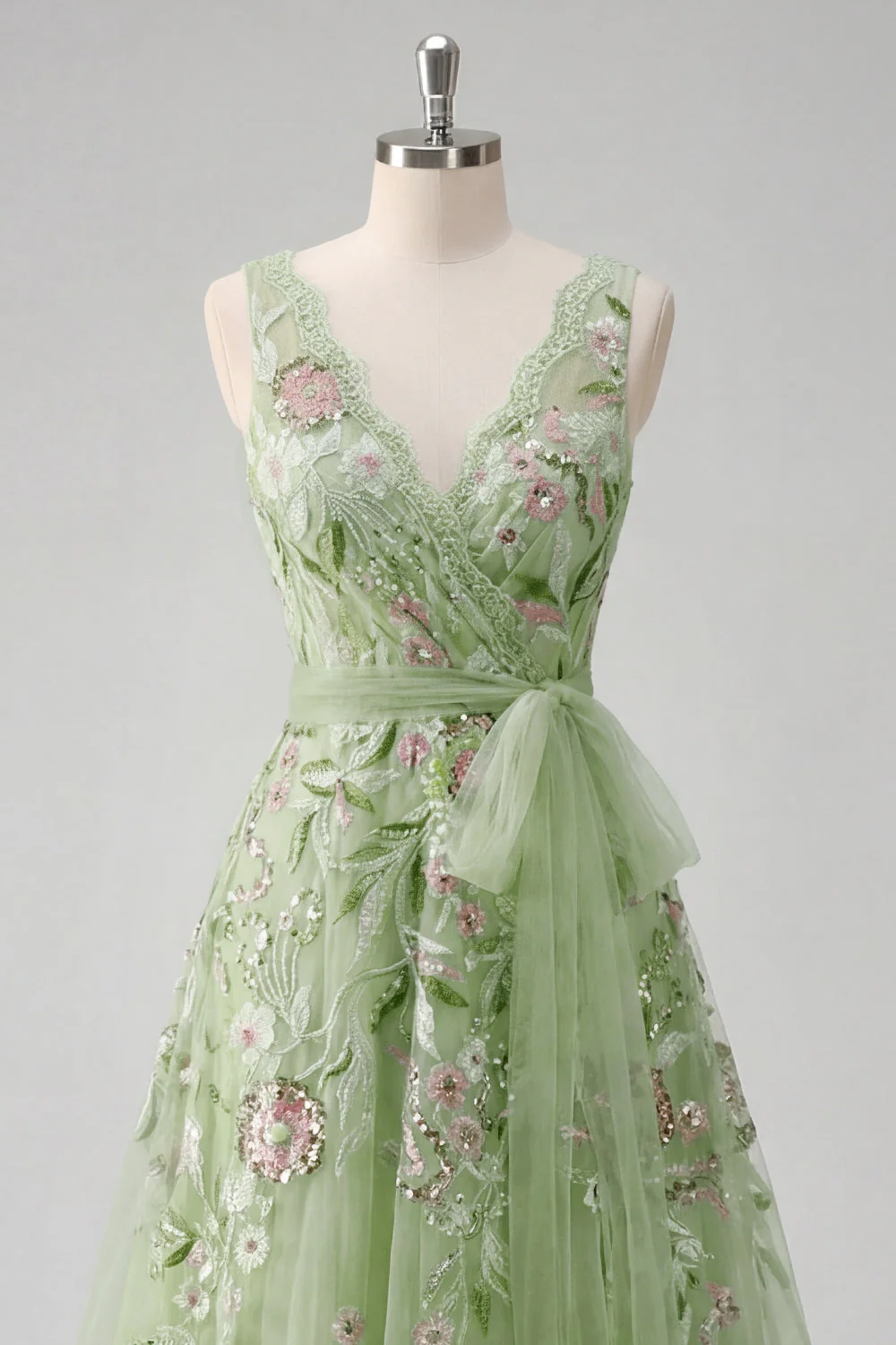 Robe de bal de bal verte fleurale à col en V avec application de la ligne A - Image 5