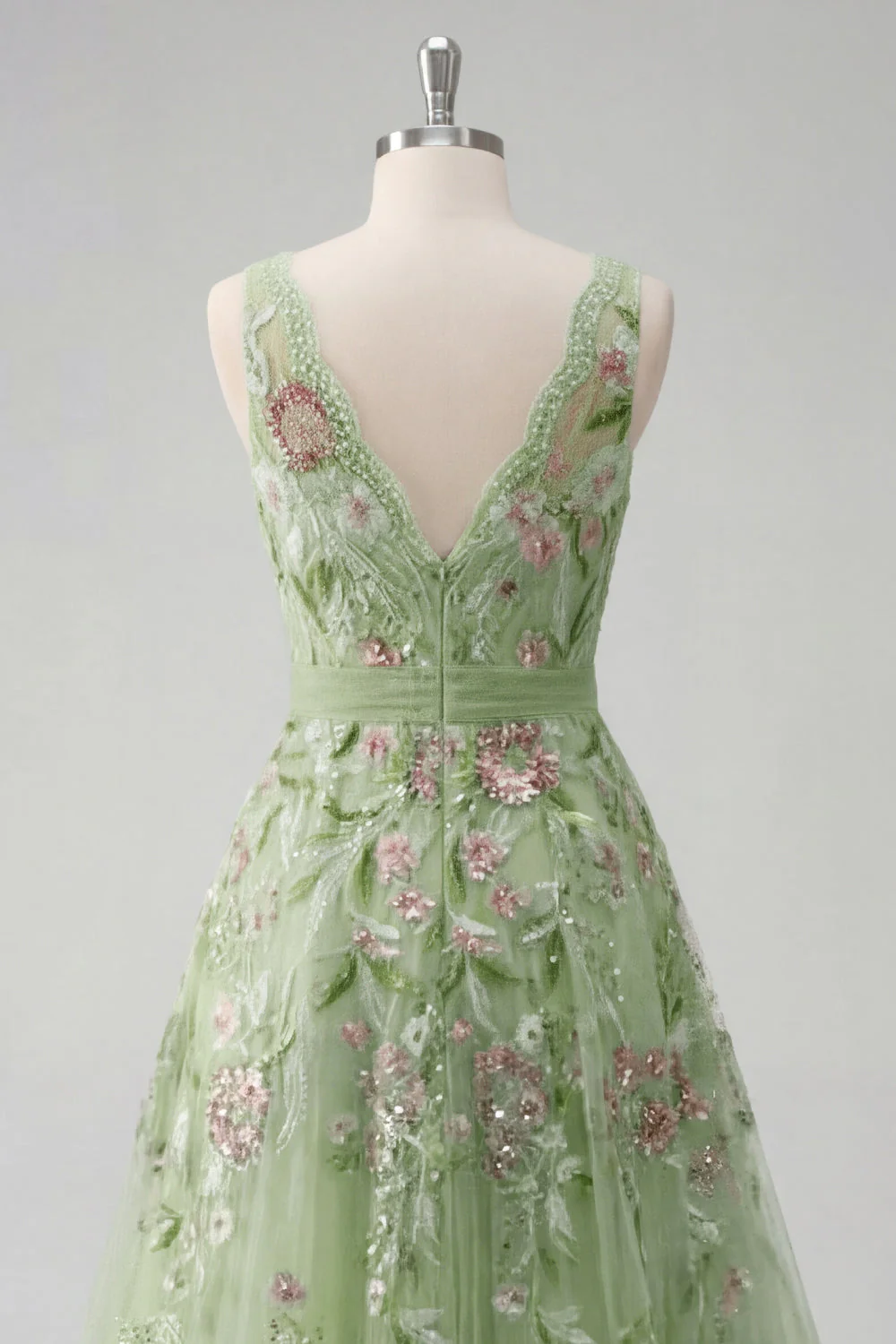 Robe de bal de bal verte fleurale à col en V avec application de la ligne A - Image 6