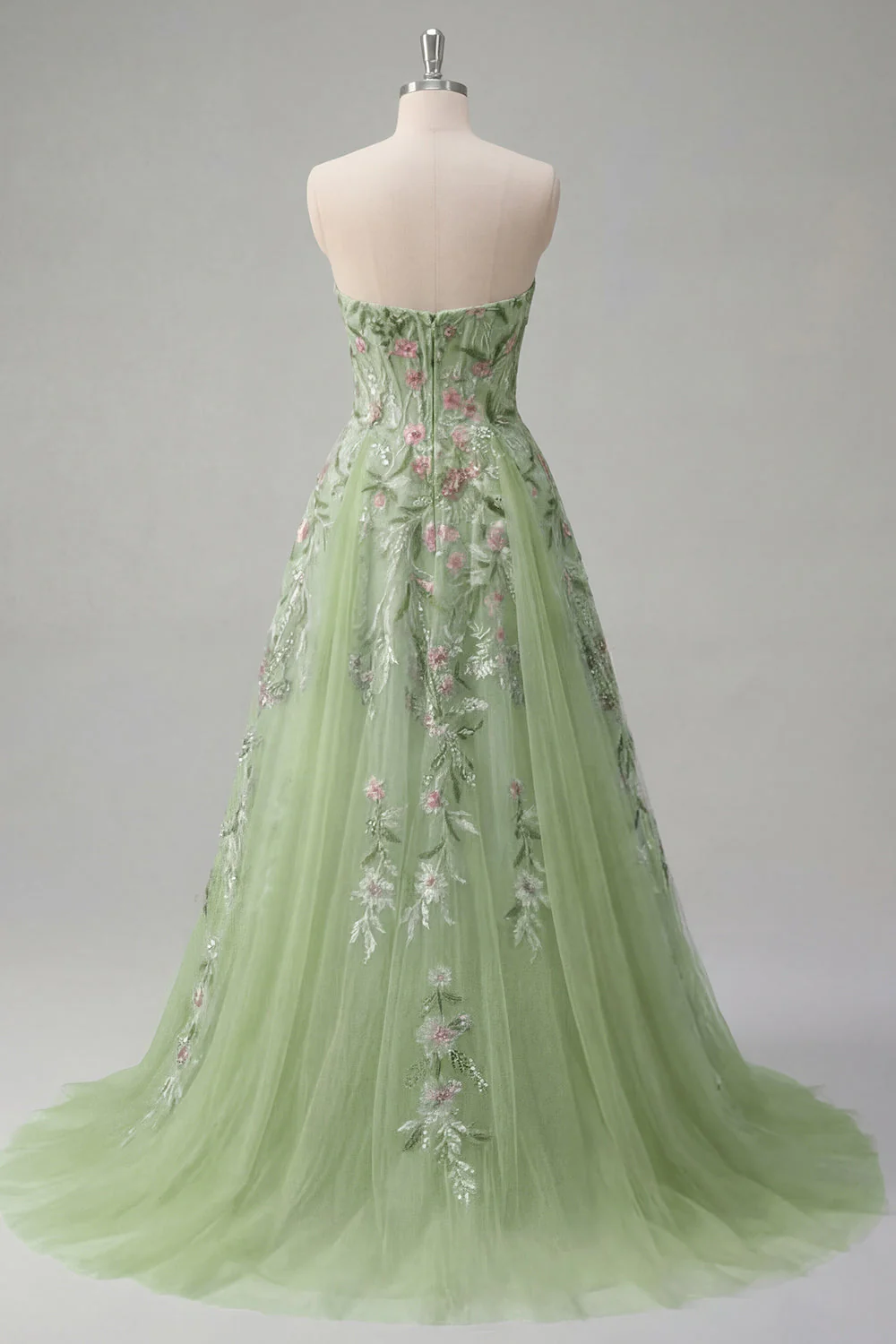 Robe de bal de bal verte fleurie brodée en ligne A en forme de robe de bal - Image 2