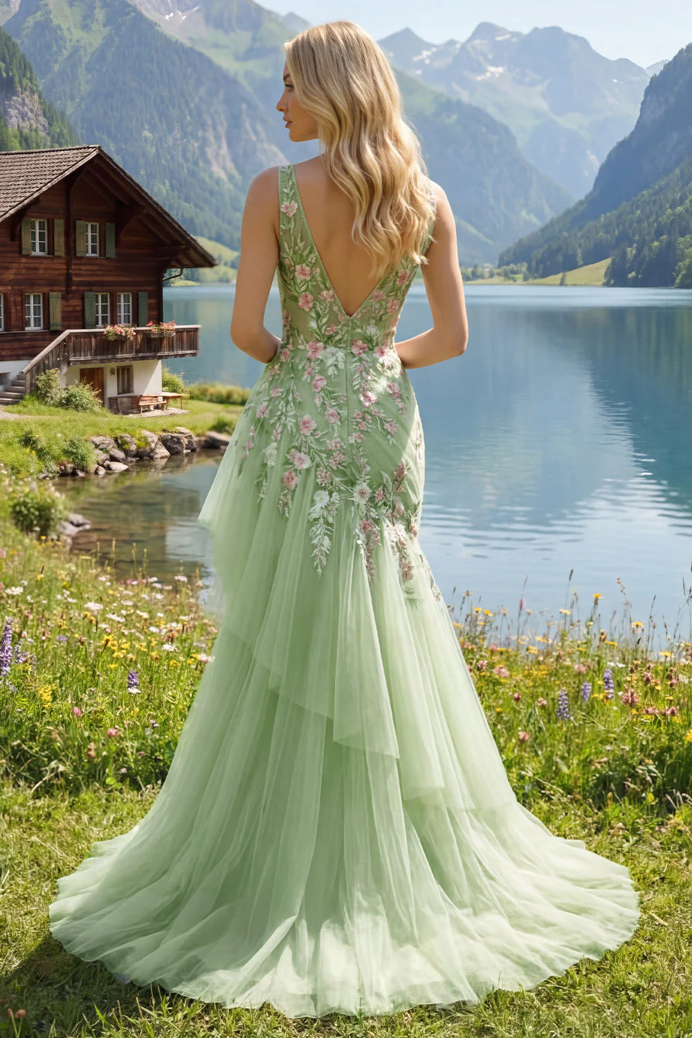 Robe de bal de bal verte fleurie en V à volants avec des sirènes appliquées - Image 4