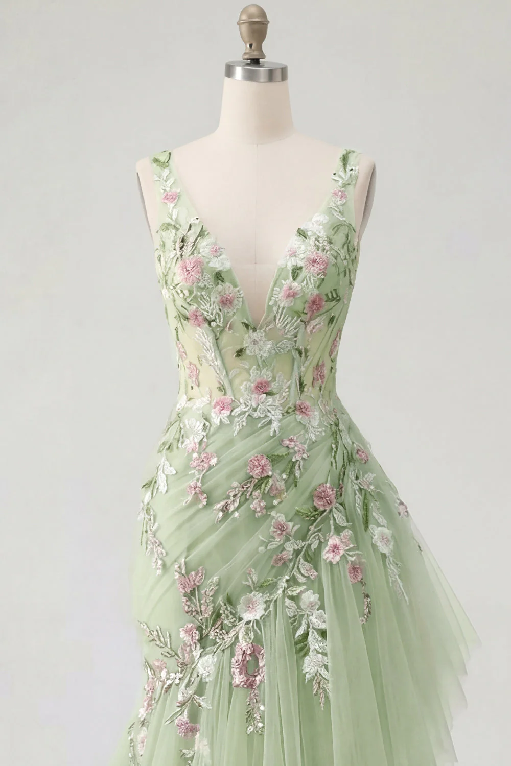 Robe de bal de bal verte fleurie en V à volants avec des sirènes appliquées - Image 5