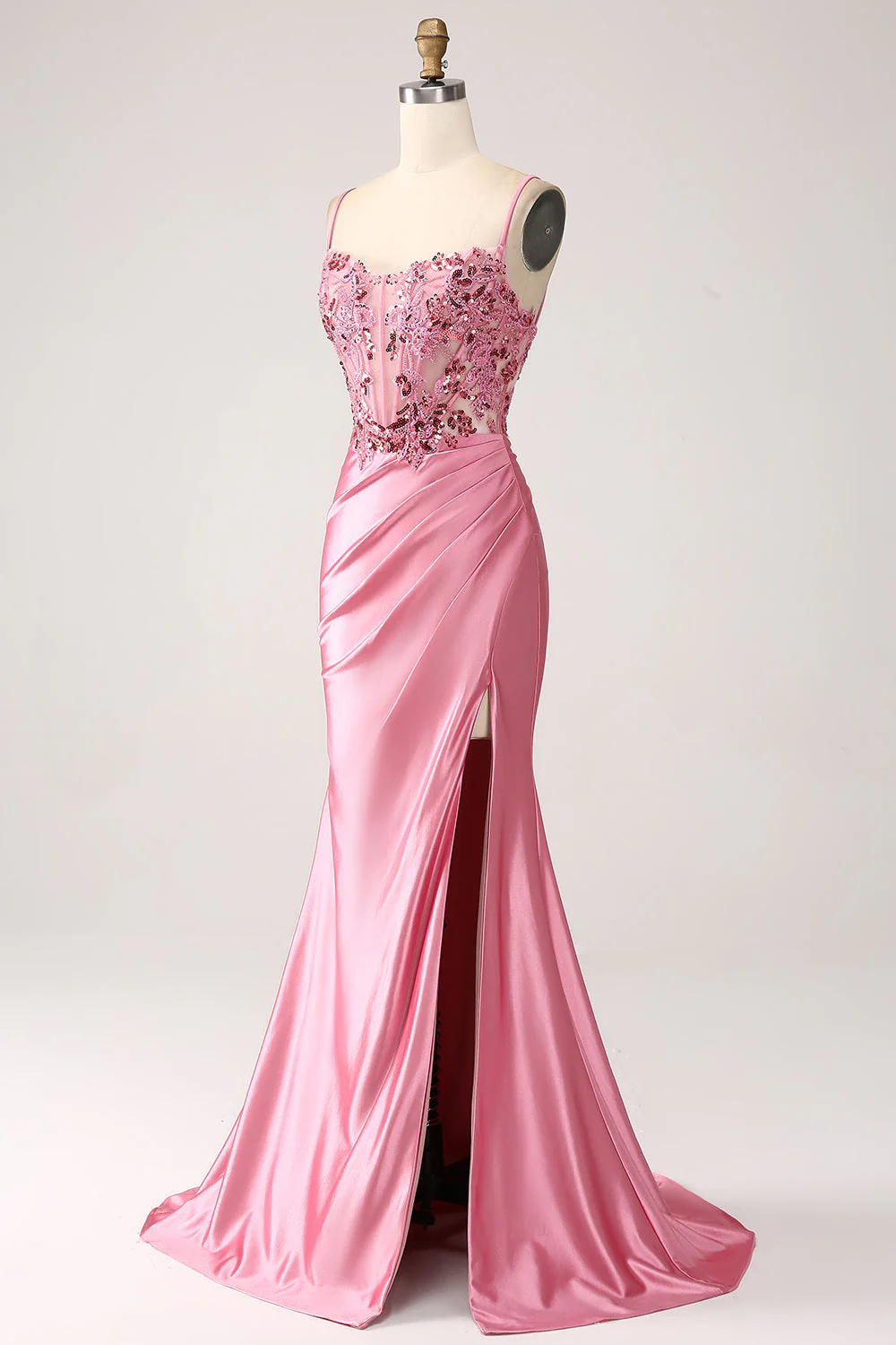 Robe de soirée sirène rose à paillettes corset bretelles spaghetti avec fente - Image 3