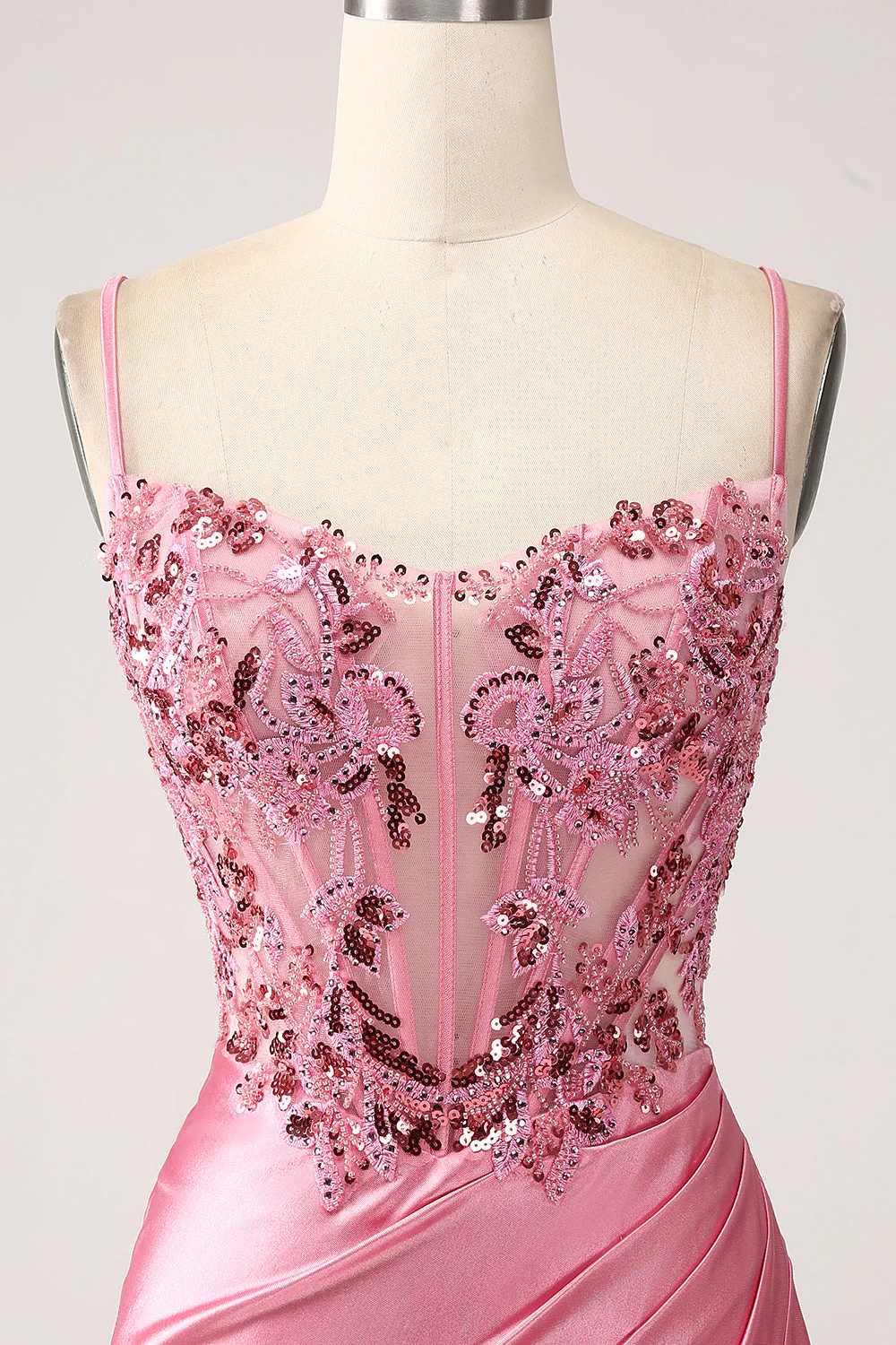 Robe de soirée sirène rose à paillettes corset bretelles spaghetti avec fente - Image 4