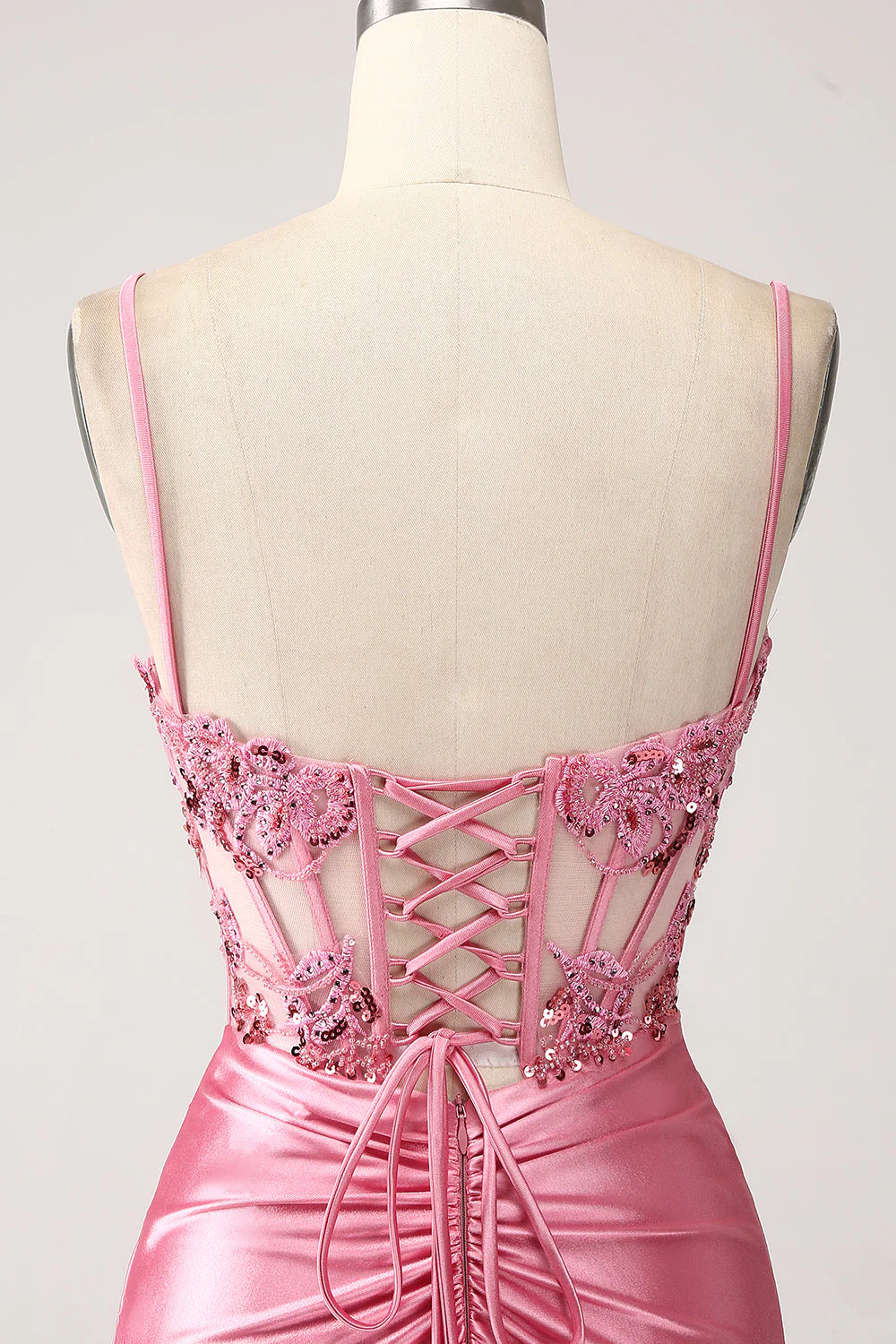 Robe de soirée sirène rose à paillettes corset bretelles spaghetti avec fente - Image 5
