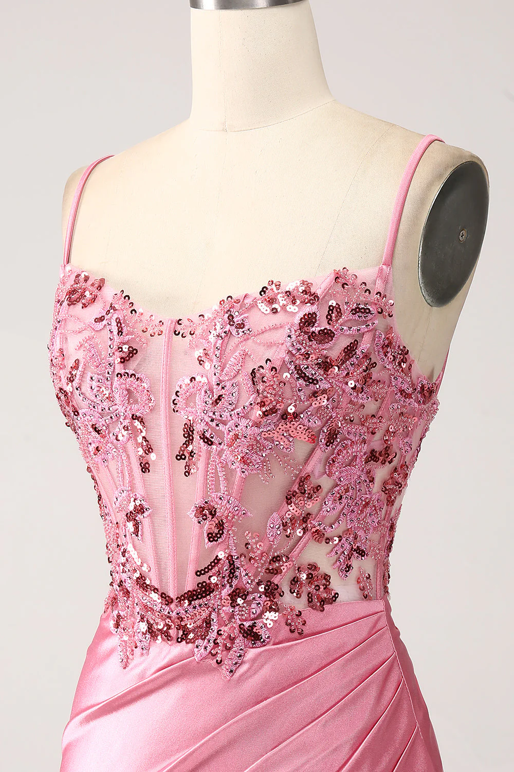 Robe de soirée sirène rose à paillettes corset bretelles spaghetti avec fente - Image 6