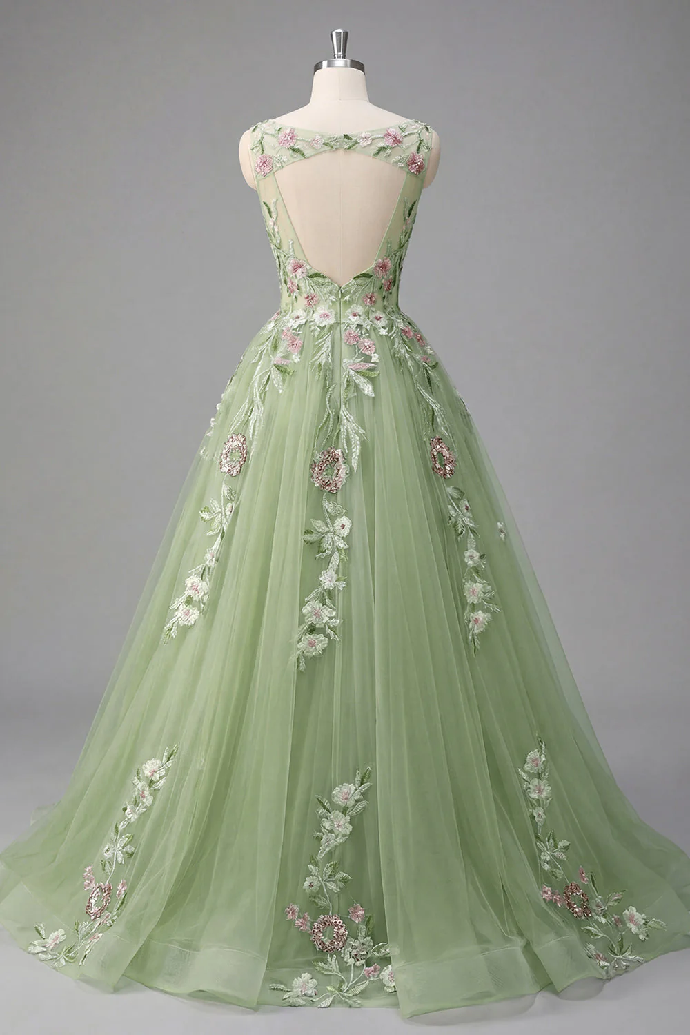 Robe de bal de promo à col bateau fleuri verte A Line Appliqued - Image 2