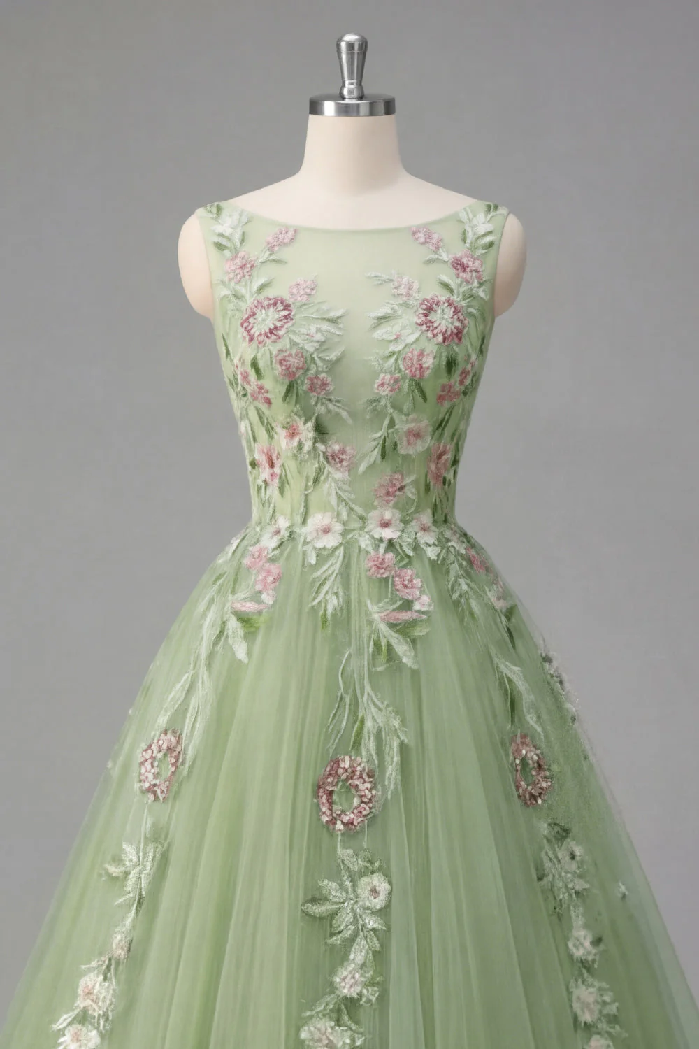 Robe de bal de promo à col bateau fleuri verte A Line Appliqued - Image 5