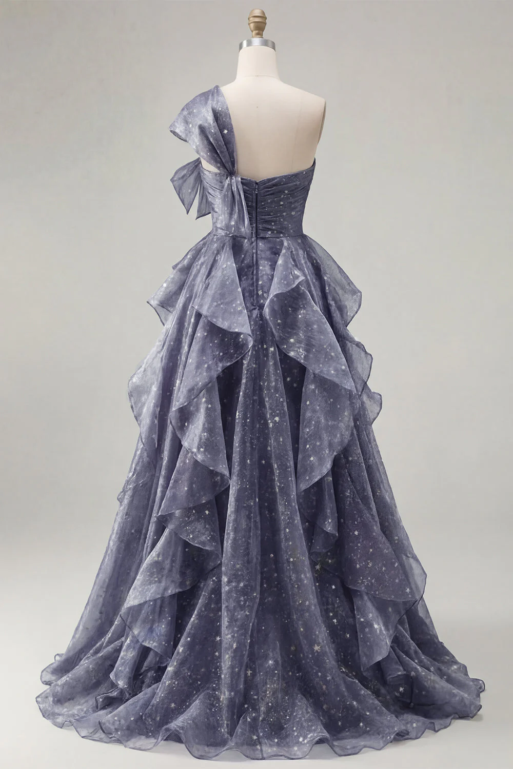 Robe de bal de promo bleu poussiéreux bleu poussiéreux à une épaule avec nœud surdimensionné et volants en cascade - Image 2
