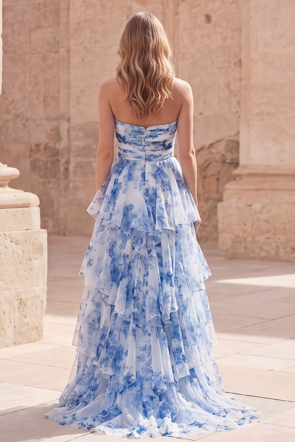 Robe de bal de promo longue à volants à volants en fleur blanche bleue, bretelle et file, - Image 2
