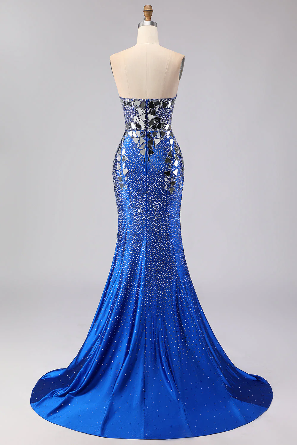 Robe de soirée de promo sirène longue bleu saphir sans bretelles perlée à fentes latérales avec miroir - Image 2