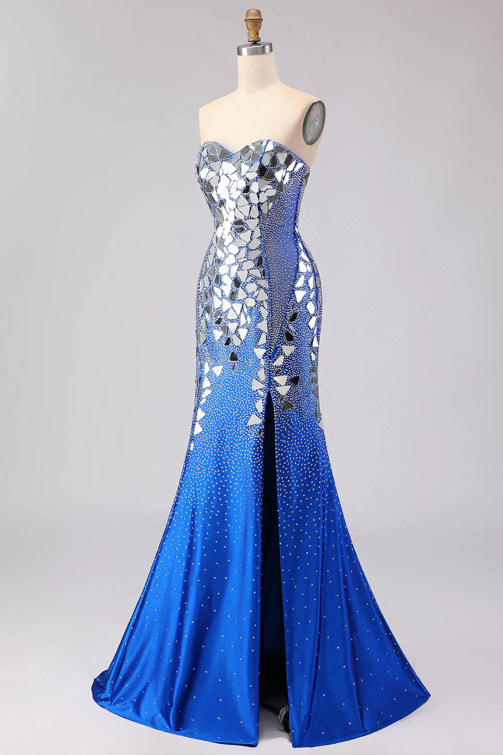 Robe de soirée de promo sirène longue bleu saphir sans bretelles perlée à fentes latérales avec miroir - Image 3