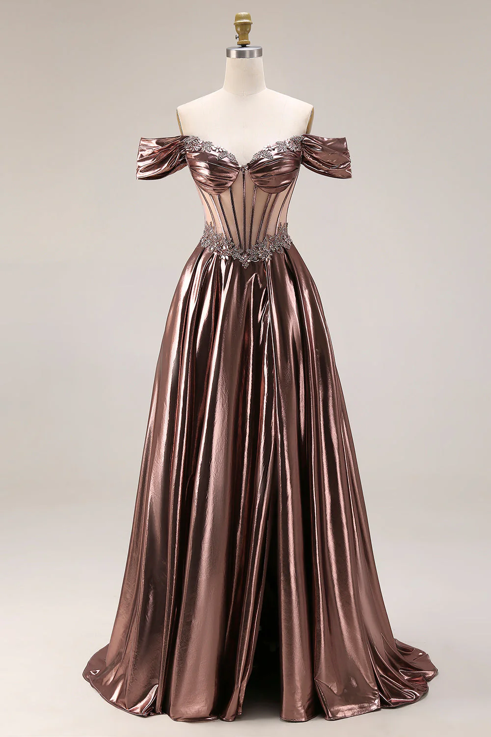 Robes de soirée longue bustier métallique à épaules dénudées