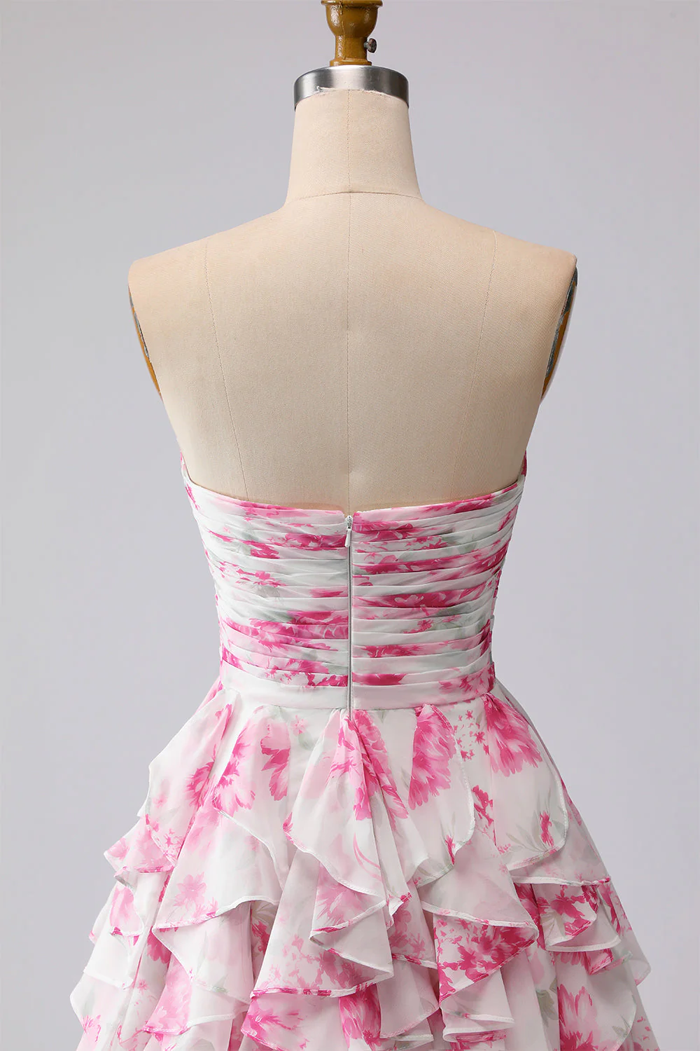 Robe de bal de promo plissée plissée en fleurs blanches fleur fuchsia avec volants - Image 6