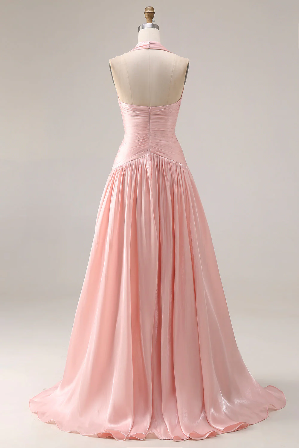 Robe de bal de promo plissée rose à filets A en longueur à dos nu-nu, fendue - Image 2