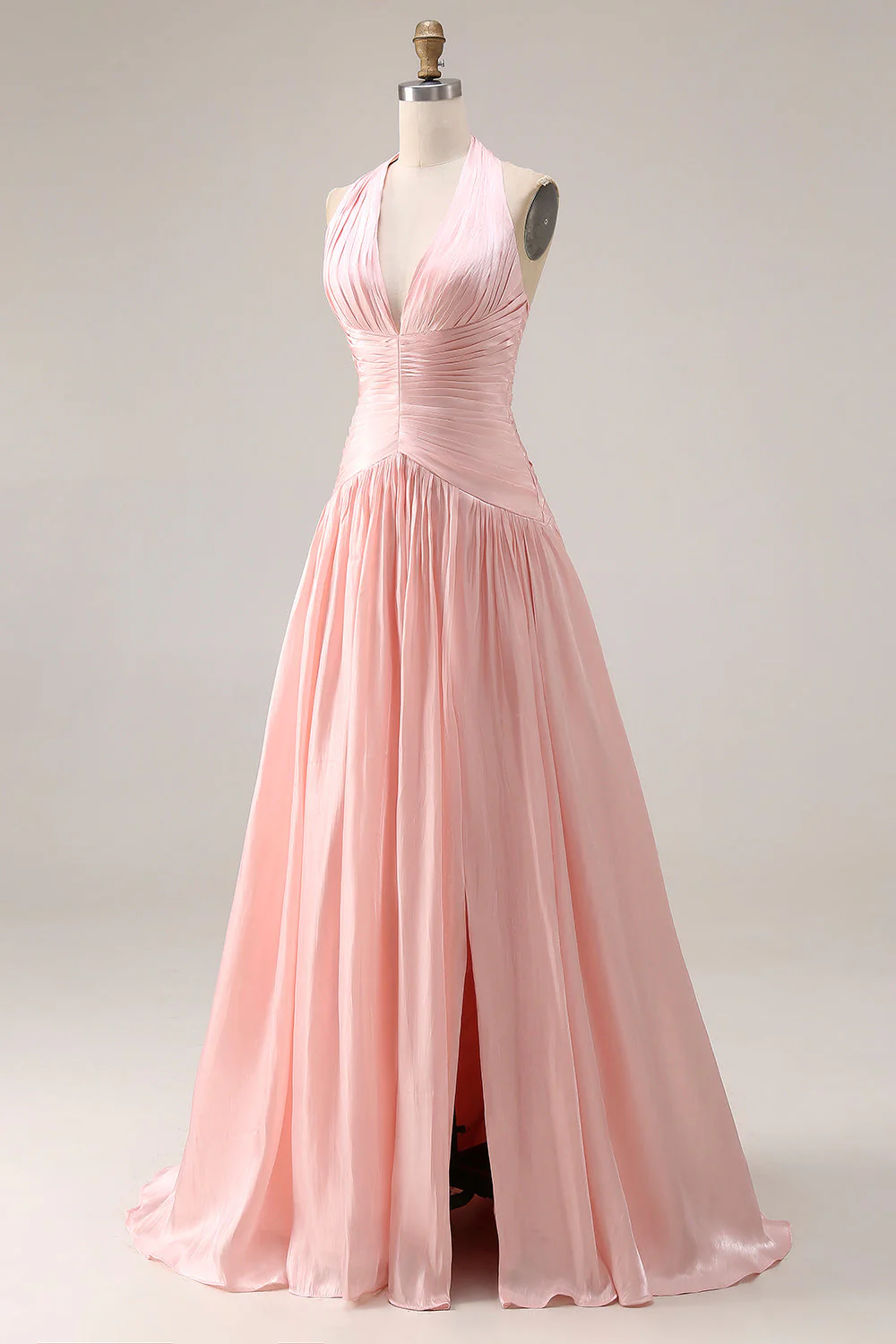 Robe de bal de promo plissée rose à filets A en longueur à dos nu-nu, fendue - Image 3