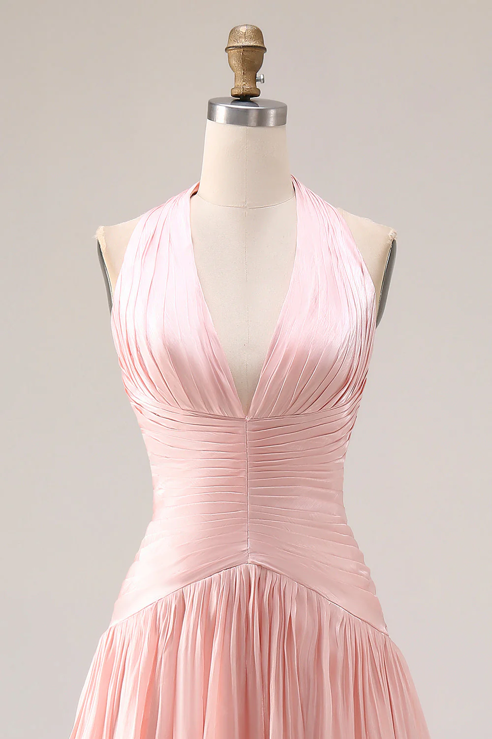Robe de bal de promo plissée rose à filets A en longueur à dos nu-nu, fendue - Image 4