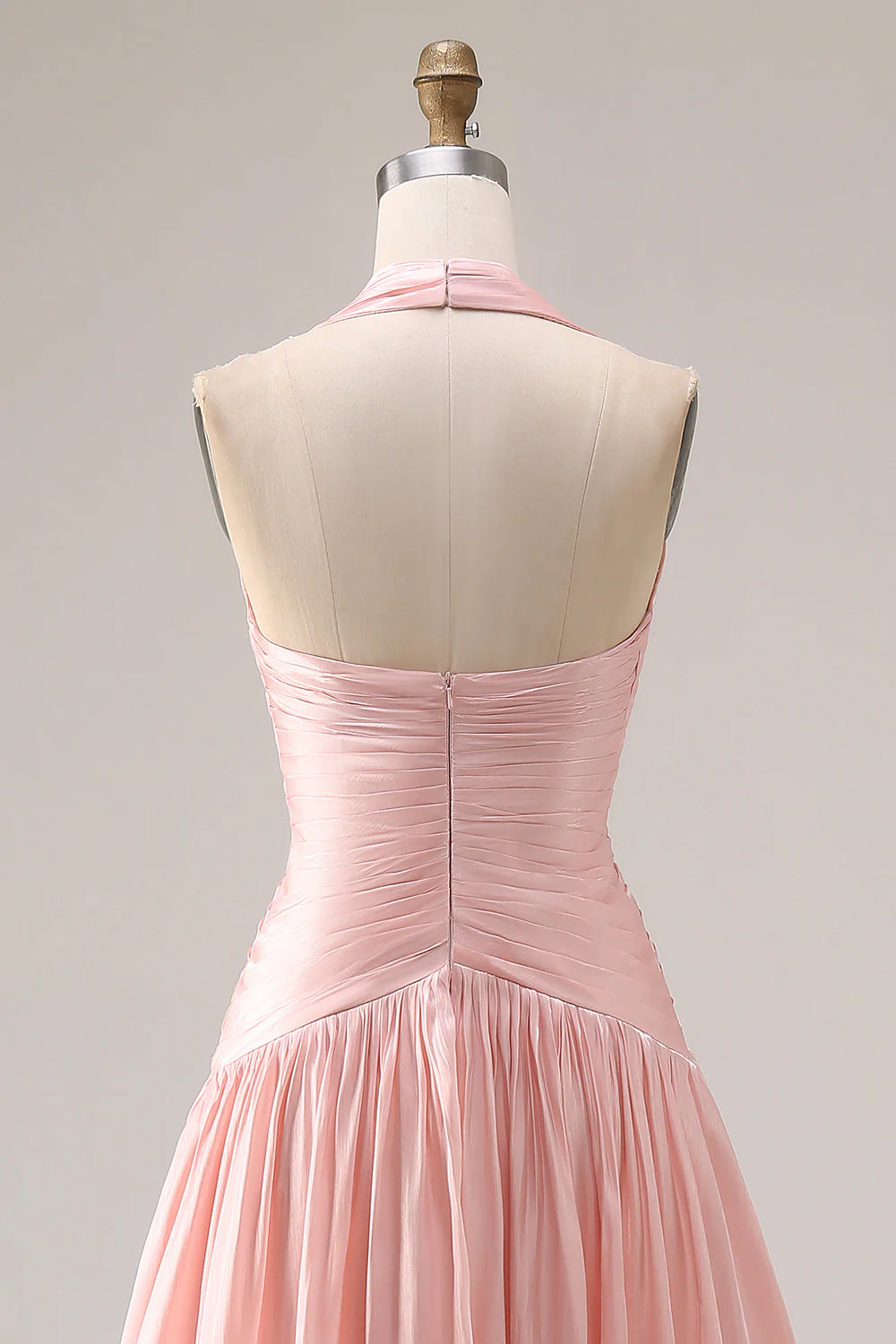 Robe de bal de promo plissée rose à filets A en longueur à dos nu-nu, fendue - Image 5