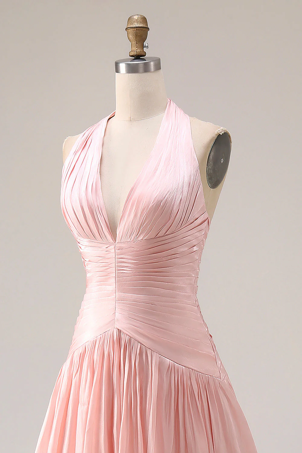 Robe de bal de promo plissée rose à filets A en longueur à dos nu-nu, fendue - Image 6