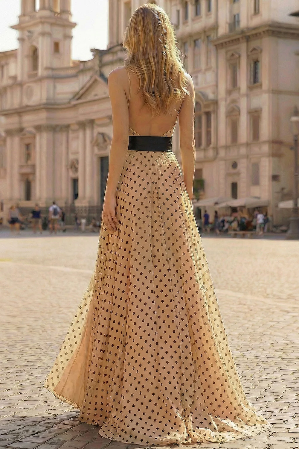 Robe de bal de promo Twiner Line, abricot noir à points noirs, longue robe de bal avec nœud de fin d’année - Image 2