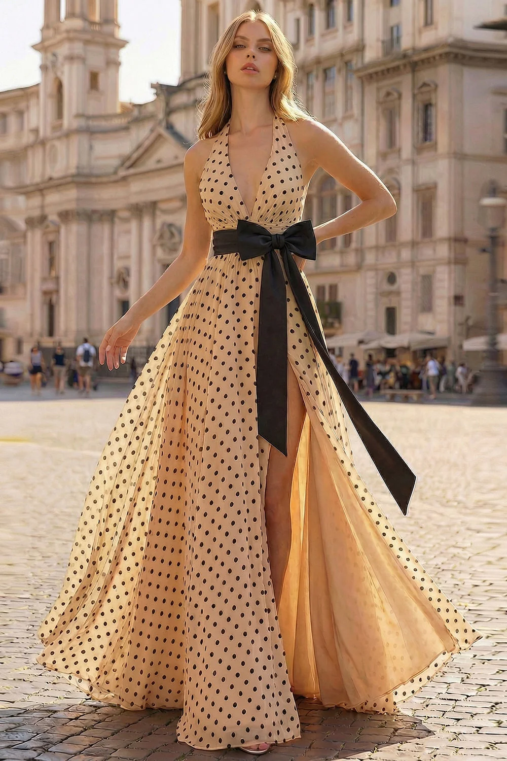 Robe de bal de promo Twiner Line, abricot noir à points noirs, longue robe de bal avec nœud de fin d’année - Image 3