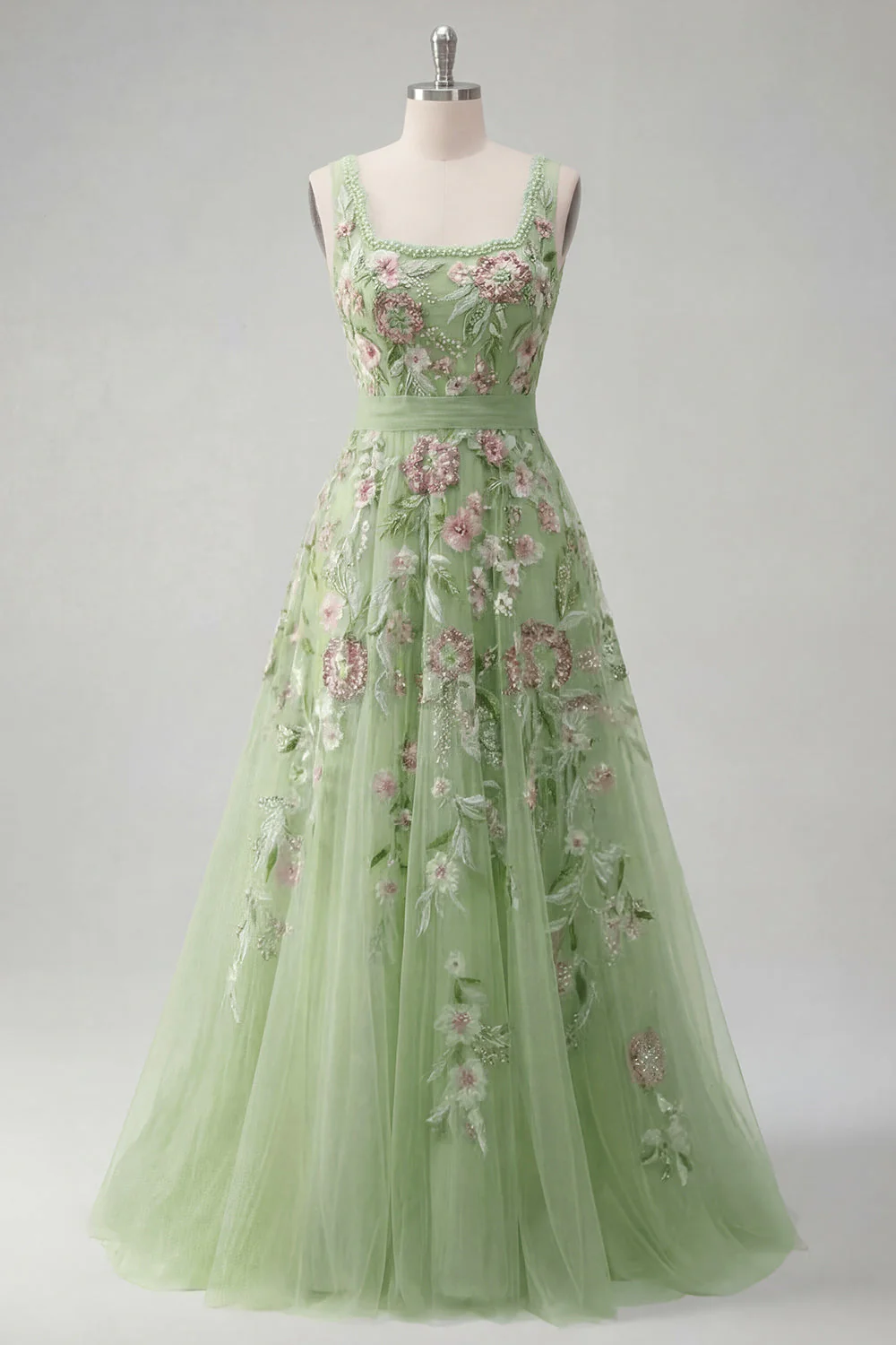 Robe de bal de promo verte à col carré fleur A Line Appliqued