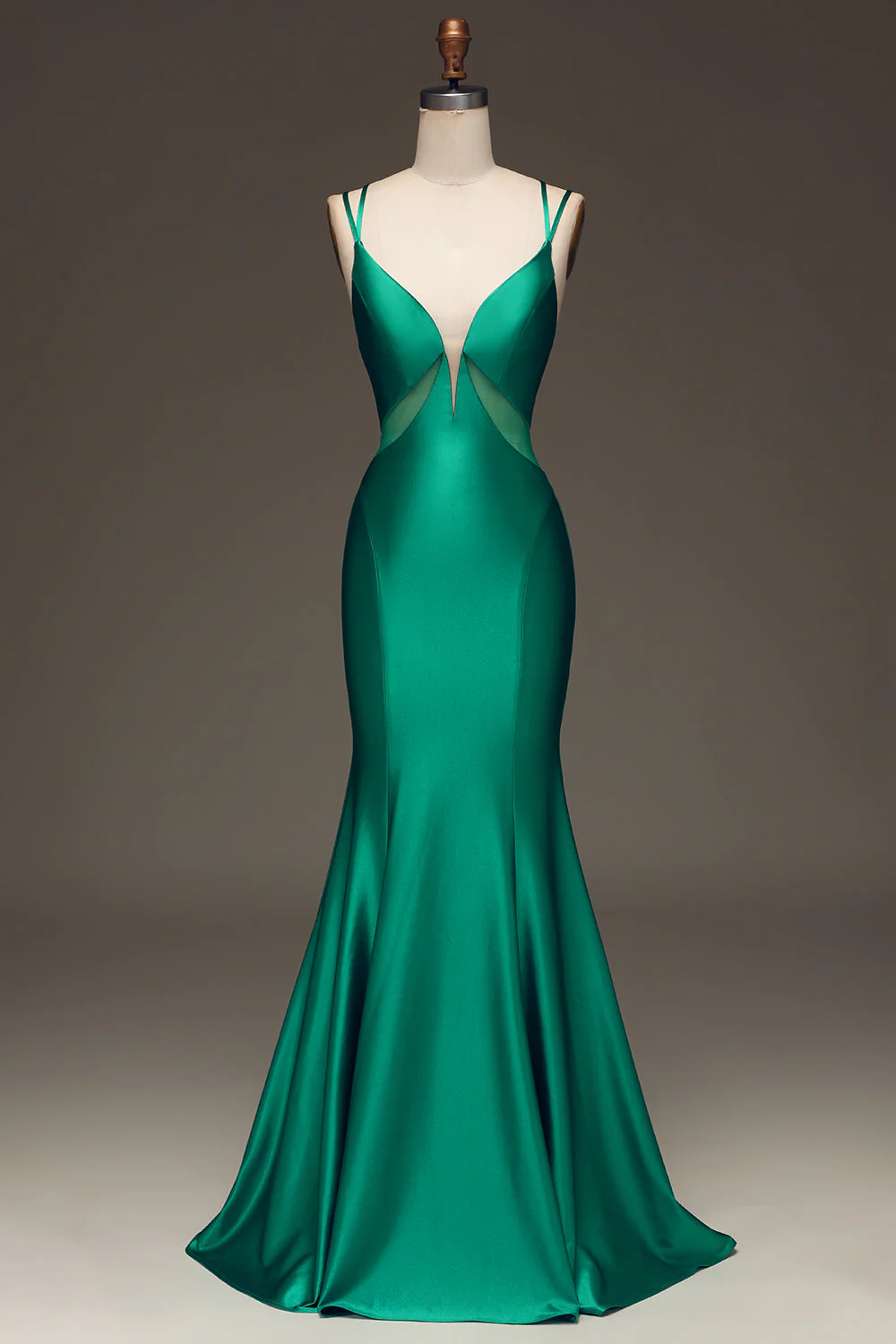 Robe de soirée sirène en satin vert à col V profond avec dos lacé