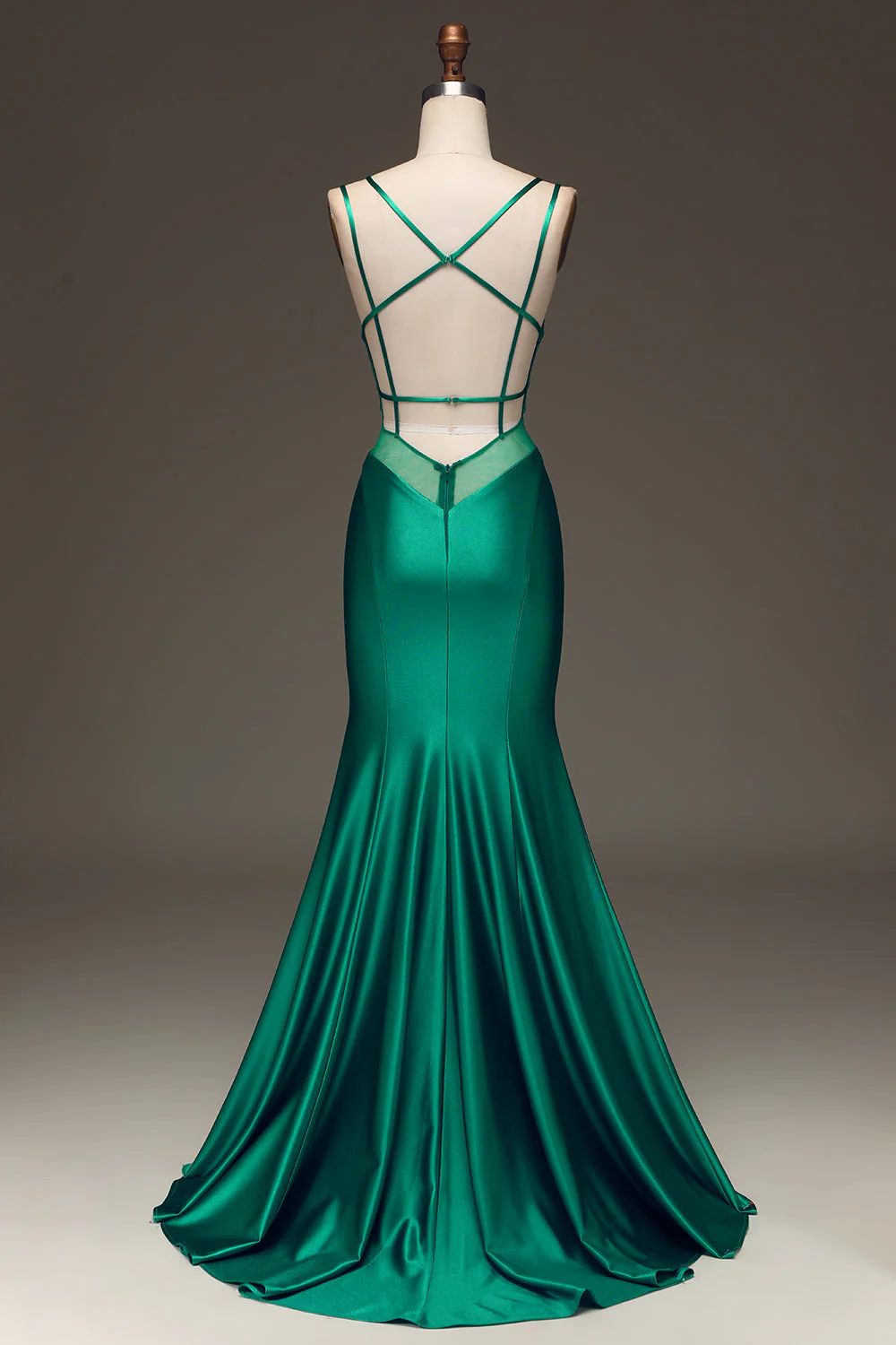 Robe de soirée sirène en satin vert à col V profond avec dos lacé - Image 2