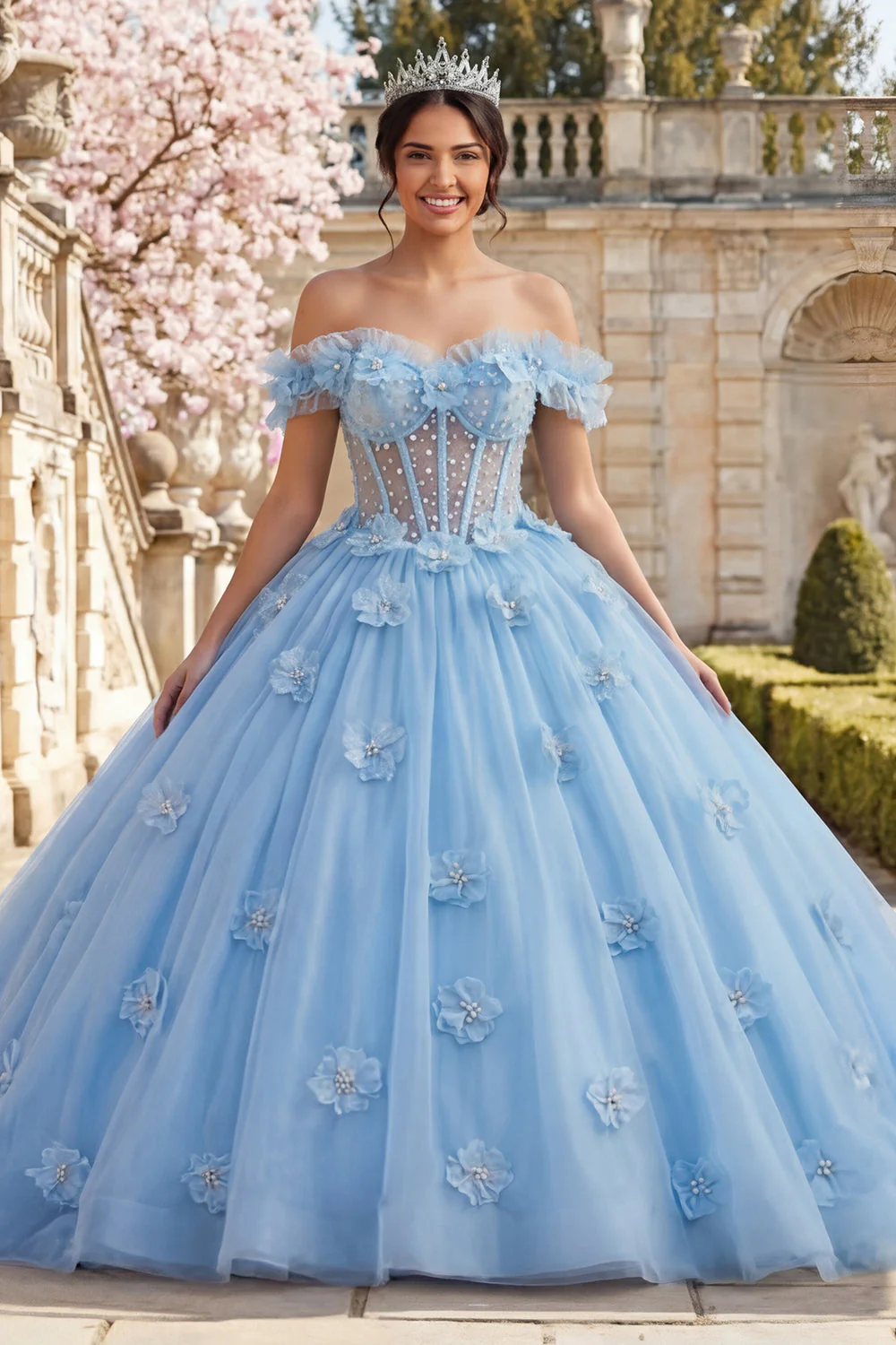 Robe de bal dénudée avec corset perles bleues Corset Quinceañera avec des fleurs 3D