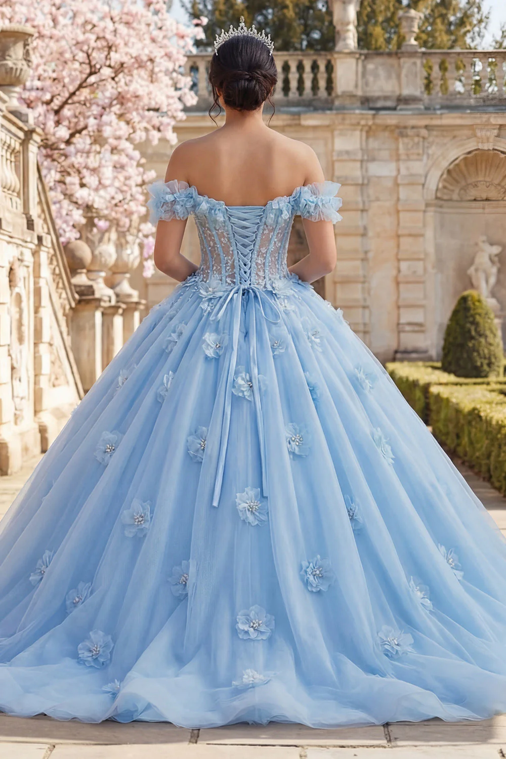 Robe de bal dénudée avec corset perles bleues Corset Quinceañera avec des fleurs 3D - Image 2
