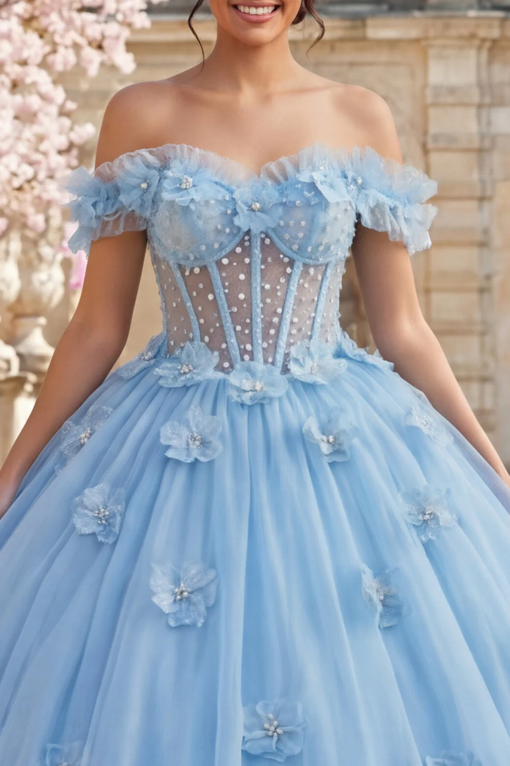 Robe de bal dénudée avec corset perles bleues Corset Quinceañera avec des fleurs 3D - Image 3